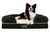 black and white dog smiling on top of grey bolster dog bed with white faux fur topper