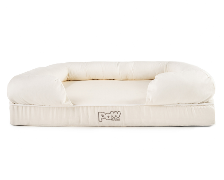 white bolster dog bed with paw.com logo