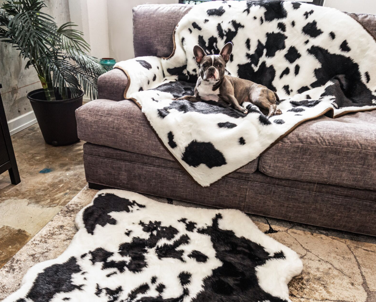 matching black cowhide blanket and bed