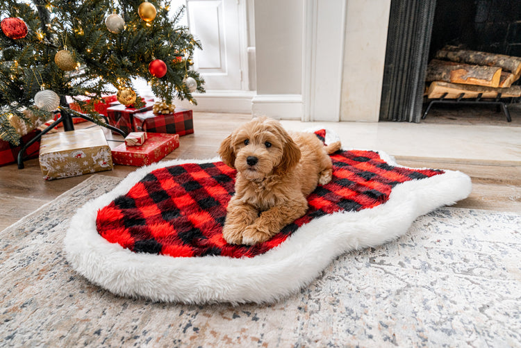 PupRug™ Faux Fur Orthopedic Dog Bed Cover - Curve Red Holiday Plaid (Bed Not Included)