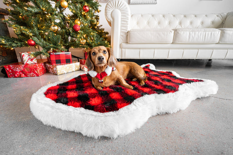 PupRug™ Faux Fur Orthopedic Dog Bed Cover - Curve Red Holiday Plaid (Bed Not Included)