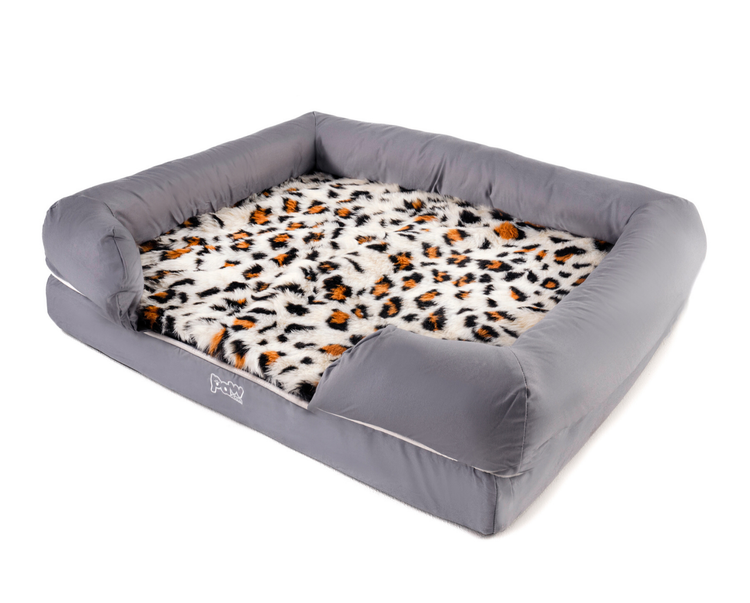 faux fur cheetah print topper on bolster dog bed