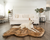 white german shepherd cozy up on tan faux fur pet bed