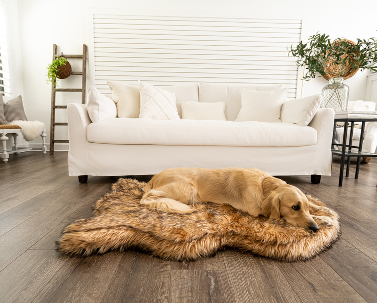 golden retriever resting on faux fur tan luxury dog bed